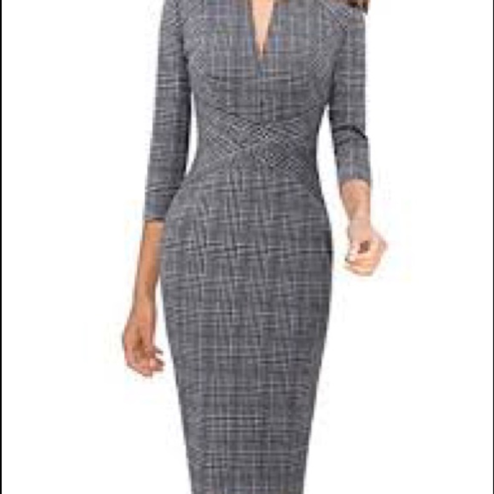 Career Gray Plaid Front&Zipper Criss Cross Dress!